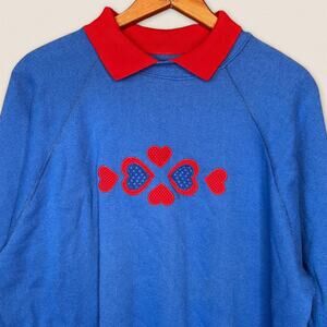 Vintage 90s Grandma Sweatshirt Collared Heart‎ Embroidered Crew Neck - Size XL